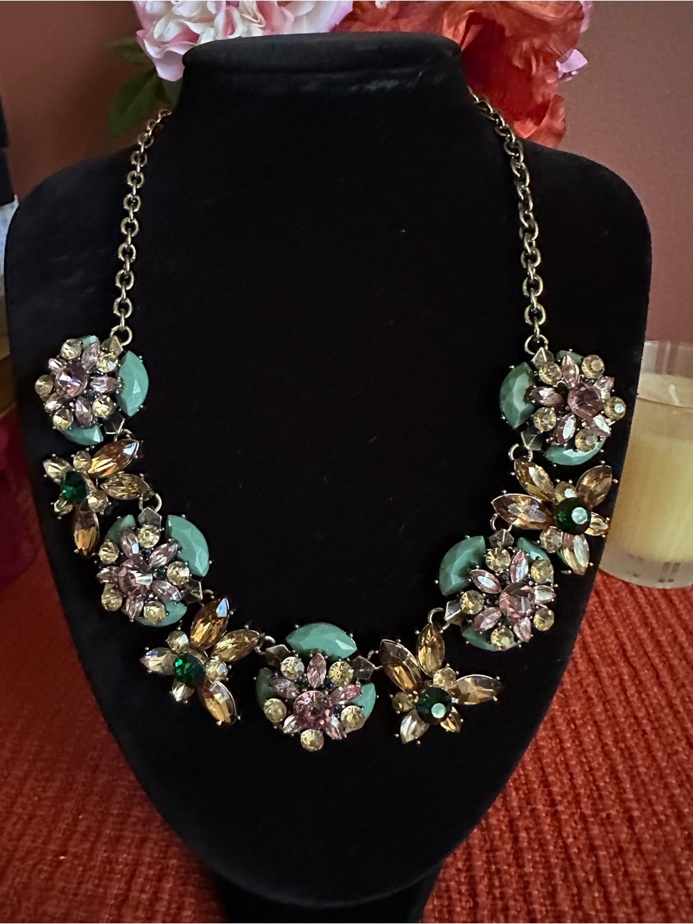 Vintage Statement Floral Crystal Necklace in Mint and Gold